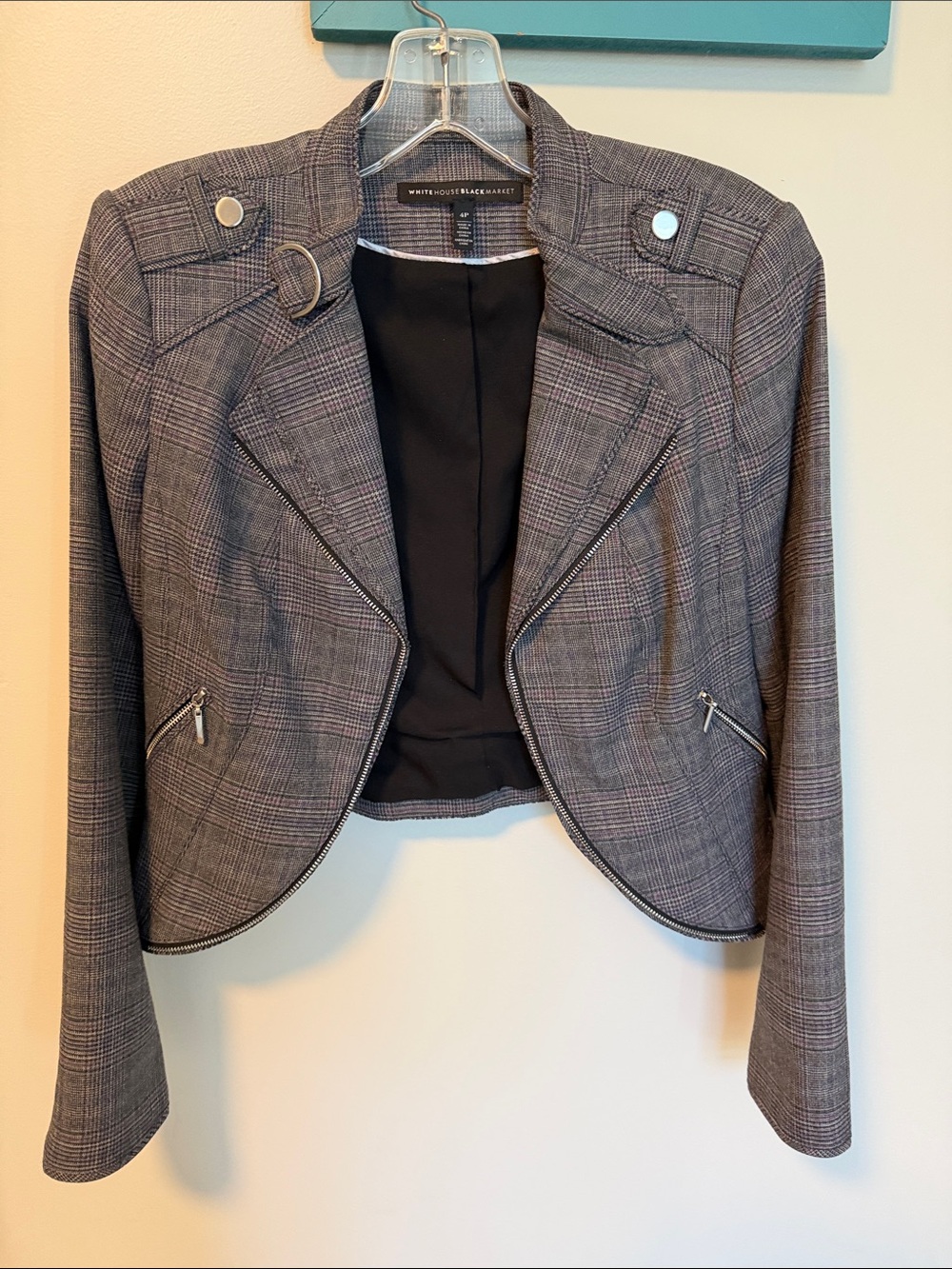 White House Black Market Gray Plaid Cropped moto-style jacket